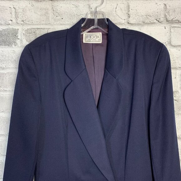 Vintage 80s 90s Double Breasted Navy Blue Wool Structured Long Blazer - Picture 2 of 13